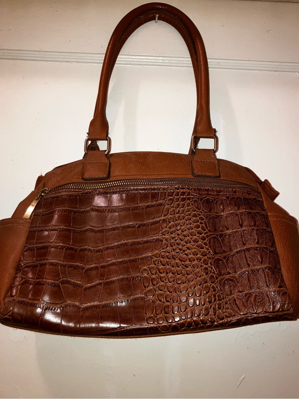Croc-Embossed Shoulder Satchel in Rich Brown